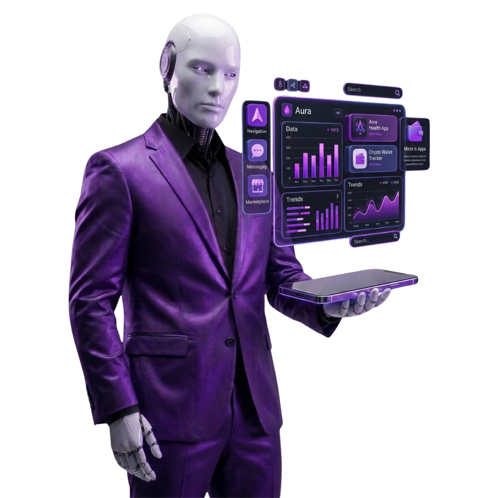 Robot IA Neuralab sosteniendo dashboard de apps móviles